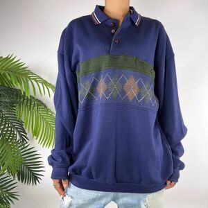 Vintage 90s Granola Grunge Streetwear Blue Argyle Dadcore Pullover Sweater / XL